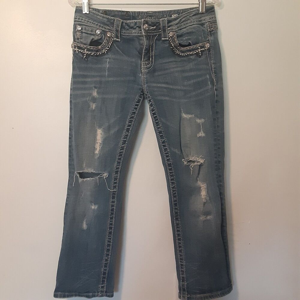 Miss Me Easy Straight Jeans Womens Size 30x24 Embellished Embroidered Distressed